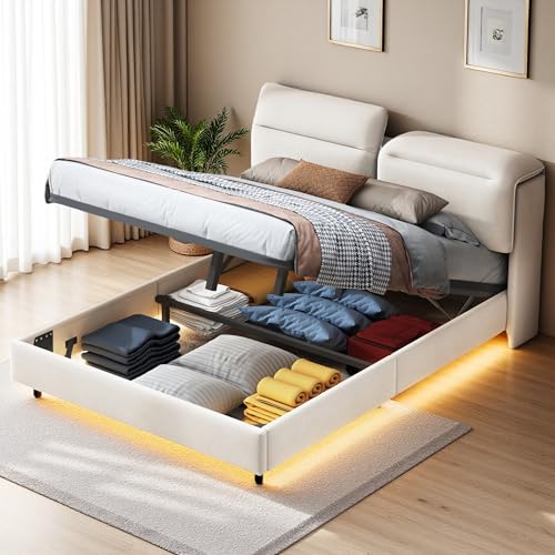 Polsterbett Doppelbett 140x200,Hydraulisch Stauraumbett mit Stauraum und Lattenrost,Kopfteil mit LED Beleuchtung,Samt,Grau (Beige-61, 160x200 cm) Polsterbett Doppelbett 140x200,Hydraulisch Stauraumbett mit Stauraum und Lattenrost,Kopfteil mit LED Beleuchtung,Samt,Grau (Beige-61, 160x200 cm)