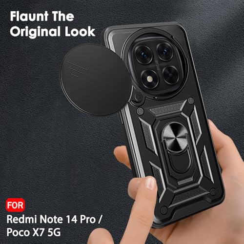 Image of TheGiftKart Tough Armor Bumper Back Cover Case for Mi Redmi Note 14 Pro /Poco X7 5G | Rotating Camera Cover, Kickstand & Ring Holder | 360 Degree Protection Back Cover Case (PC & TPU, Black)