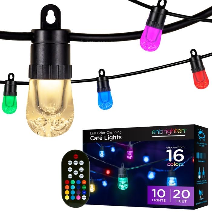 Enbrighten Ecoscapes Seasons Color-Changing LED Cafe Lights, 10 Bulbs, 20ft. Black Cord