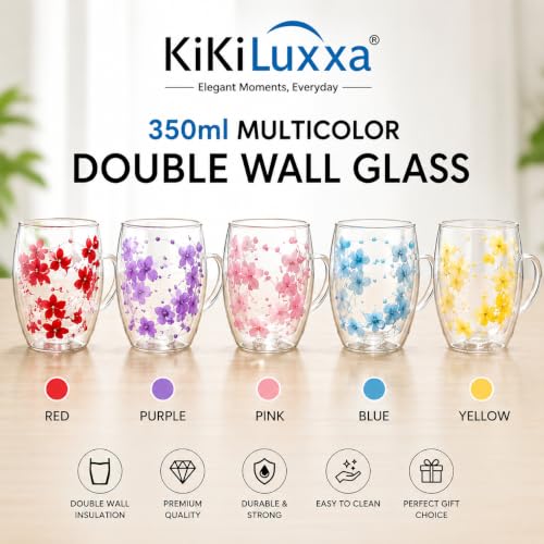 Image of KiKiluxxa 350ml Double Wall Glass Tea Coffee Mug Set of 2 | Glass Cups with Movable Decorative Flowers & Pearl Beads | Insulated Glass Mug for Tea, Coffee, Milk, Gift (Sky Bloom+Golden Blossom)