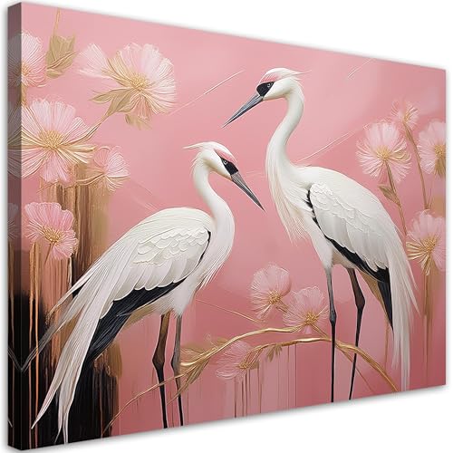 Tableau moderne oiseaux grues roses Feeby pour décoration murale salon et chambre 90x60 cm
