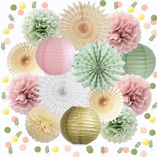 Decoración de fiesta verde salvia y rosa rubor, pompones de papel rosa salvia, abanicos de papel, verde oliva, rosa, confeti, decoración de mesa para mujeres y niñas, cumpleaños, baby shower, boda, Decoración de fiesta verde salvia y rosa rubor, pompones de papel rosa salvia, abanicos de papel, verde oliva, rosa, confeti, decoración de mesa para mujeres y niñas, cumpleaños, baby shower, boda,
