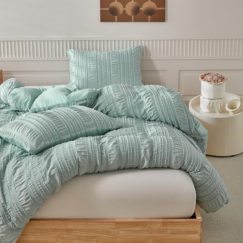 Luofanfei Bettwäsche 135x200 Grün Uni Boho Wende Bettwäsche Set Microfaser Stickerei Shabby Chic Geometrisches Muster Bohemian Bettbezug 135x200 und Kissenbezug 80x80 cm mit Reißverschluss
