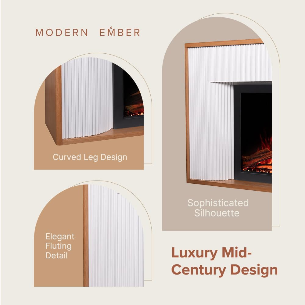 Modern Ember Arrie Smart Electric Fireplace Mantel Package | 33” Firebox Heater | Fluted Details w/Curved Leg Design | Multi-Flame Colors & Speed | Alexa/WiFi Enabled - Remote Included