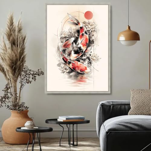 Toile de carpes koï vintage effet reflet dans l'eau art mural japonais