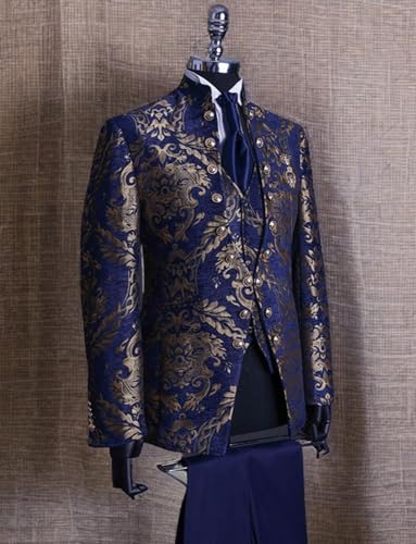 Men's 3-Piece Stand Collar Suit Jacquard Jacket Vest with Pants Tuxedos Formal Party Prom3
