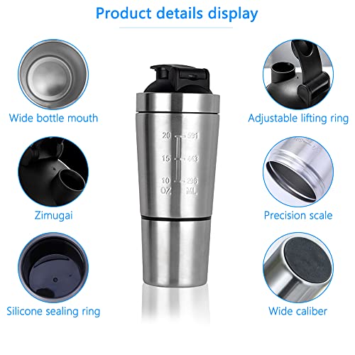 HIULLEN Roestvrijstalen proteïneshaker, 600 ml, proteïneshaker, roestvrij staal, fitness eiwitshaker, met 2 roerballen… - Image 5