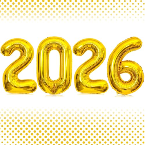 32 Inch Gold Number 2026 Balloons, Big Large Size Giant 2026 Number Balloons New Year Foil Helium Gold Balloons for 2026 Happy New Year Eve Celebration Decorations Party Supplies