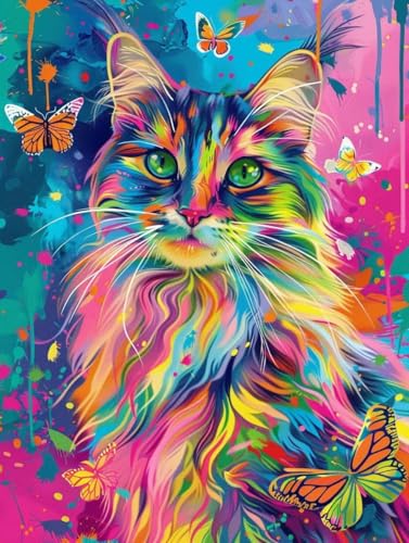 Diamond Painting Adulte Chat et Papillons - Kit Complet de Broderie Diamant 50x65cm