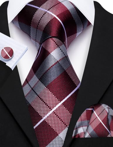 Image of Barry.Wang Plaid Ties Check Mens Necktie Set with Handkerchief Cufflinks Classic Stripe