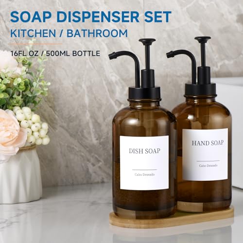 Image of Glass Soap Dispenser with Pump, Dish and Hand Soap Dispenser for Kitchen Bathroom Set, Clear Glass Dispenser Set of 2 Pack with 18 Stickers Funnel Bamboo Tray 500ml 18oz Amber