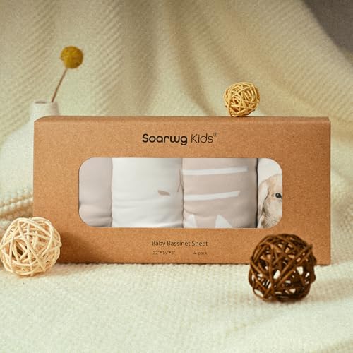 Image of Bassinet Sheets 4 Pack, Bassinet Sheets for Baby Boy and Girl, Bassinet Sheet Neutral, Fit for Rectangle, Round, Oval, Hourglass Mattress, Flexible for Different Bassinet Pad /Mattress 32 inchx16 inch
