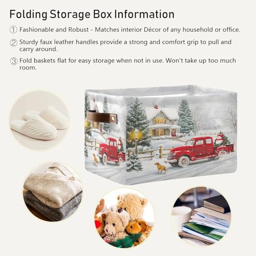 Image of Red Truck Christmas Storage Basket Bin Xmas Tree Winter Snowman Fabric Storage Box Cube with Handles Kids Toys Hamper Closet Shelves Basket Organizer for Bedroom Nursery Home Decorative
