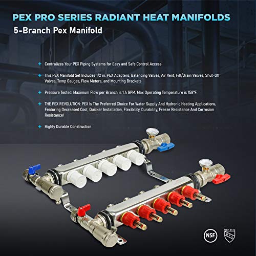 Image of Midline Valve NQT105-5 PEX Manifold 1 /2 in. for Radiant Heating System; with Valves, Vents, Gauges, and Mounting Brackets; Stainless Steel; 5 Port (5 Pack)