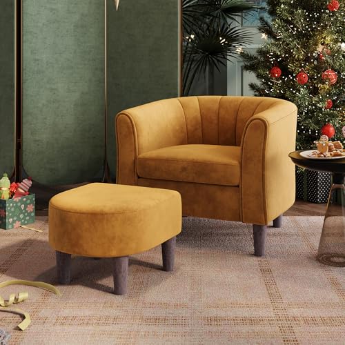 LINSY Accent Chair with Ottoman, Modern Armchair Comfy Barrel Reading