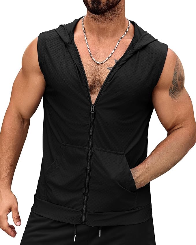 Men’s Sleeveless Zipper Hoodie Gym Vest | Hooded Workout Training Vest | Muscle Fit Activewear for Fitness & Running-image-48