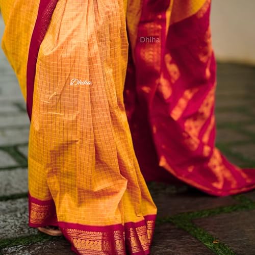 Image of Gadwal Cotton Silk Checked Saree for Women | Pure Kalyani Cotton Checked Saree with Zari Border Tassels & Blouse | Kanjivaram Linen Silk | Handloom Weave