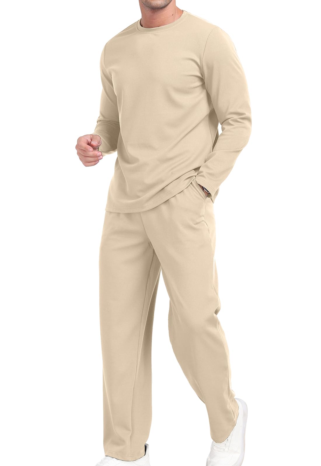 KUYIGO Herren-Trainingsanzüge mit Rundhalsausschnitt, 2-teiliges Outfit, Langarm-Pullover, Trainingsanzug-Set, Sweatshirt und Jogginghose, Waffel-Top, Hose, lässiger Sport, Herren-T-Shirt, Sportanzug,