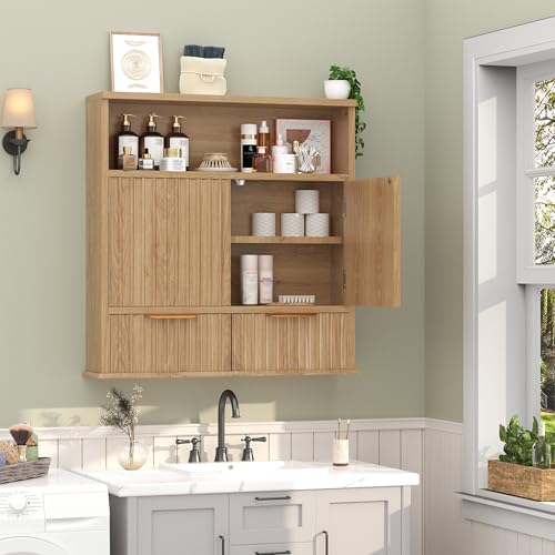 BESUNYST Fluted Bathroom Wall Cabinet with Drawers, Wooden Medicine Cabinet