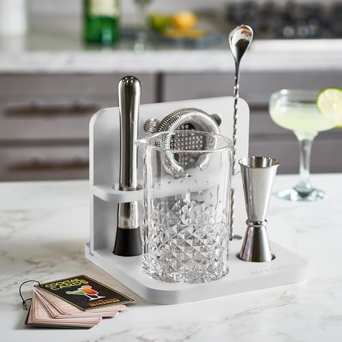 Crystal Cocktail Mixing Glass Set with Bamboo Stand - 22 Oz 650ml - Thick and Sturdy Bottom, Durable and Seamless Design with Bar Accessories