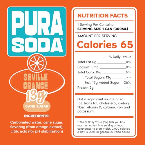 Image of PuraSoda Seville Orange - 12g Pure Cane Sugar Soda, 10 Fl Oz, Pack of 12 | Real Fruit Extract, Non-Gmo Vegan, No Stevia Or Artificial Sweeteners, 13g Cane Sugar, 10 Fl Oz Cans