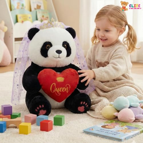 Image of ELITE CREATIONS Queen Panda Soft Toy with Crown & Veil Holding Queen Heart Cushion | 40 cm Cute Panda Teddy Bear | Romantic Gift for Girlfriend Wife Kids | Valentine Birthday