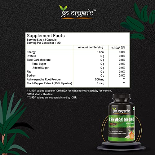 Image of Go Organics Ashwagandha 1000Mg | Boost Energy, Strength, Stamina | Helps Anxiety & Stress Relief For Men & Women-120 Veg Capsules