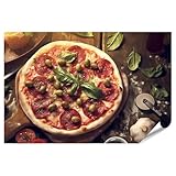 islandburner Póster XXL de pizza italiana con aceitunas salami y albahaca para cocina, gourmet, restaurante, imágenes de alta calidad, impresión fotográfica