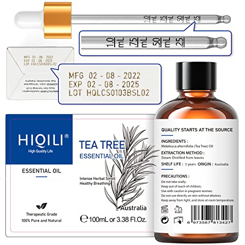 Hiqili Tea Tree Essential Oil (100 Ml),100% Pure Organic Therapeutic Grade For Toenail Fungus,Hair Damage,Skin Problems,Add To Shampoo,Body Wash - 3.38 Fl. Oz #TOP6