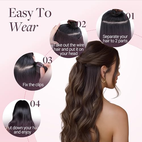 GOO GOO Wire Hair Extensions Human Hair, 3/8/613 Walnut Brown with Ash Brown and Bleach Blonde Balayage 16inch 95g, Invisible Wire Hair Extensions with Transparent, Seamless Fish Line Hairpiece