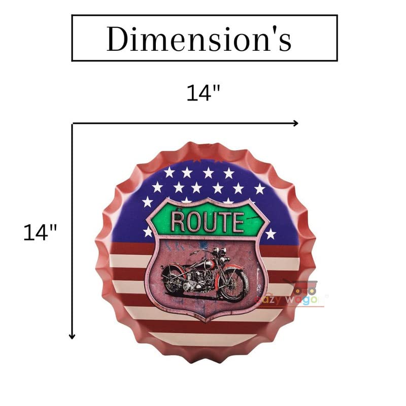 Image of EAZYWAGON Decorative Metal Bottle Caps Wall Sign Plates - 14X14 Inches - Route 66 US flag | Metal Wall Hanging Bottle Cap for Home, Farmhouse, Bar & Cafe Decoration | Vintage & Retro Look Plaques