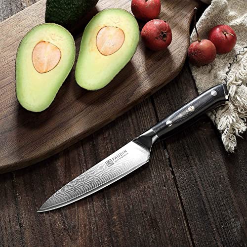 Image of PAUDIN Utility Knife, Damascus Kitchen Knives, 67-Layer Forged Blade, Ultra Sharp Petty Knife, Full Tang G10 Handle with Triple Rivets, 5'' Paring Knives for Cutting Fruit and Vegetables