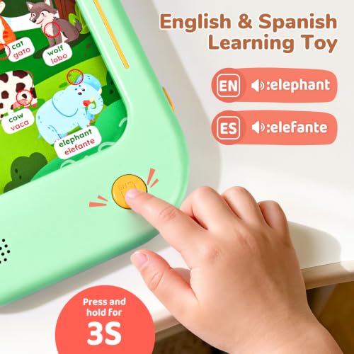 Image of JoyCat Bilingual Kids Learning Tablet, 106 Pages Spanish & English Talking Cards with 20 Interactive Games, Montessori Toy for Alphabet, Words, Numbers, Colors & Songs, Learning Gifts for Toddler 2-6