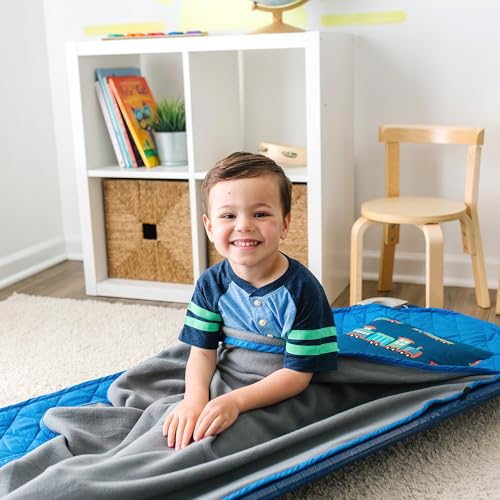 Image of Wildkin Modern Kids Nap Mat with Pillow for Boys - Cotton Blend, Elastic Straps, Toddler Sleep Mat for Daycare, Preschool, Kindergarten & Travel, Ages 3-7, Machine Washable - Transportation