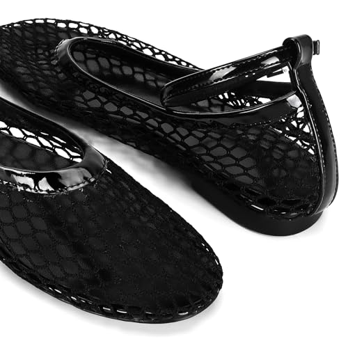 Image of Wnshonzy Mesh Ballet Flats for Women Round Toe Buckle Strap Fishnet Mary Jane Flats Comfy Casual Office Womens Summer Flats Shoes