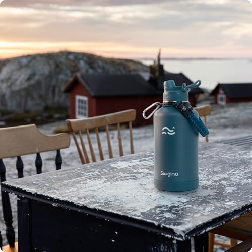 Image of Swigina [2-IN-1 LID] 64 oz Insulated Water Bottle with Silicone Boot (48hrs Cold /24hrs Hot) - DIY Stickers, Leakproof, BPA Free, Half Gallon