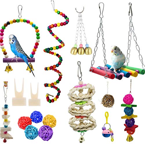 16 Packungen Vogelspielzeug Papageienschaukel Spielzeug Kauspielzeug bunte Hängematte Vogel Sitzstange geeignet für kleine Sittiche, Sittiche, Vögel, Nymphensittiche, Aras, Finken Cover
