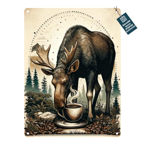 Waltheon Rustic Vintage Metal Tin Sign Morning Brew in the Wild Moose Coffee Cup Cozy Cabin Wall Art Decor for Kitchen Living Room Gift for Wilderness 12x16inch
