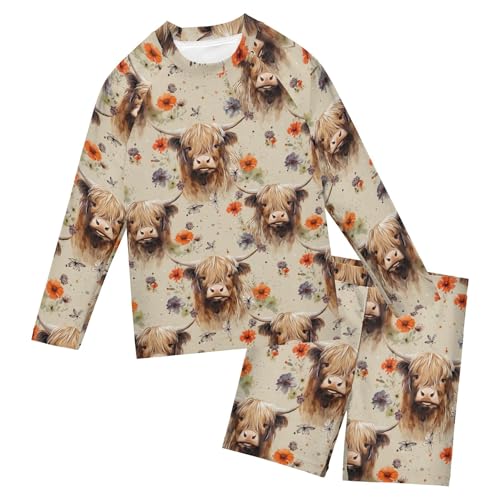 Highland Cow Animal Baby Boys' Toddler Long Sleeved Rashguard Swim Bathing Suit Set B0403018