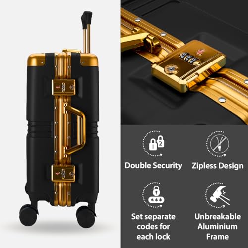 Image of Maleta Gold Series Check-in Medium | 24 inch, Corner Protection| Aluminium Frame | Medium Size Spinner Wheel Hard Side Trolley Bags For Luggage| Suitcase For Travel (Black, Checkin-Medium)