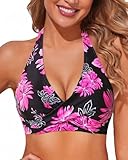 Holipick Pink Floral Women Halter Bikini Tops - Push Up Bathing Suit Top V Neck Full Coverage Swimsuit Top Only L