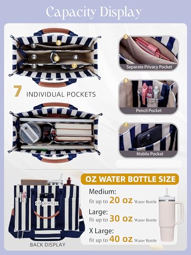FIORETTO Canvas Tote Bag for Women with Zipper Closure & Individual Compartments for Work College for Teacher & Nurse Stripes Navy M by FIORETTO - Used condition - Image 7