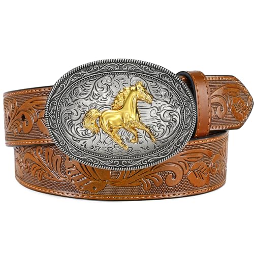 JKEEMI Western Cowboy Belt for Men Women, Country Longhorn-Bull Horse Buckle Embossed Leather Belt for Jeans Gift