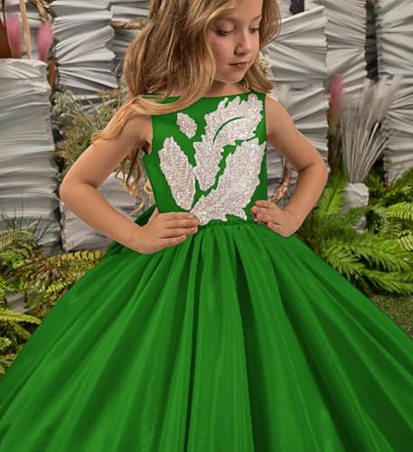 Satin Flower Girl Dresses for Wedding Cathedral Train Girls Pageant Dress with Bow Green, 83