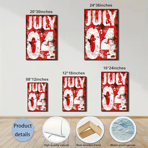 Image of Framed 4th of July Distressed Wall Art, Patriotic Rustic Canvas Art Pictures, USA Independence Day Wall Decor, Made in USA Ready to Hang for Living Room Bar
