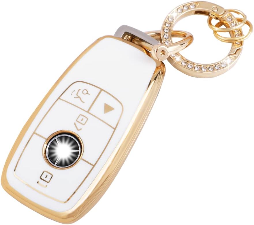 UHONSN for Mercedes Benz Key Fob Cover Keychain Soft TPU Keys Case Protector Compatible with Mercedes-Benz C E S M CLS CLK G Class White Gold