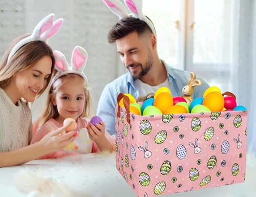 Image of Large Rectangular Easter Baskets Empty Waterproof Boy Toy Box Foldable Kid's Gifts Storage Bin Spring Room Decor(Pink Black Line Egg)
