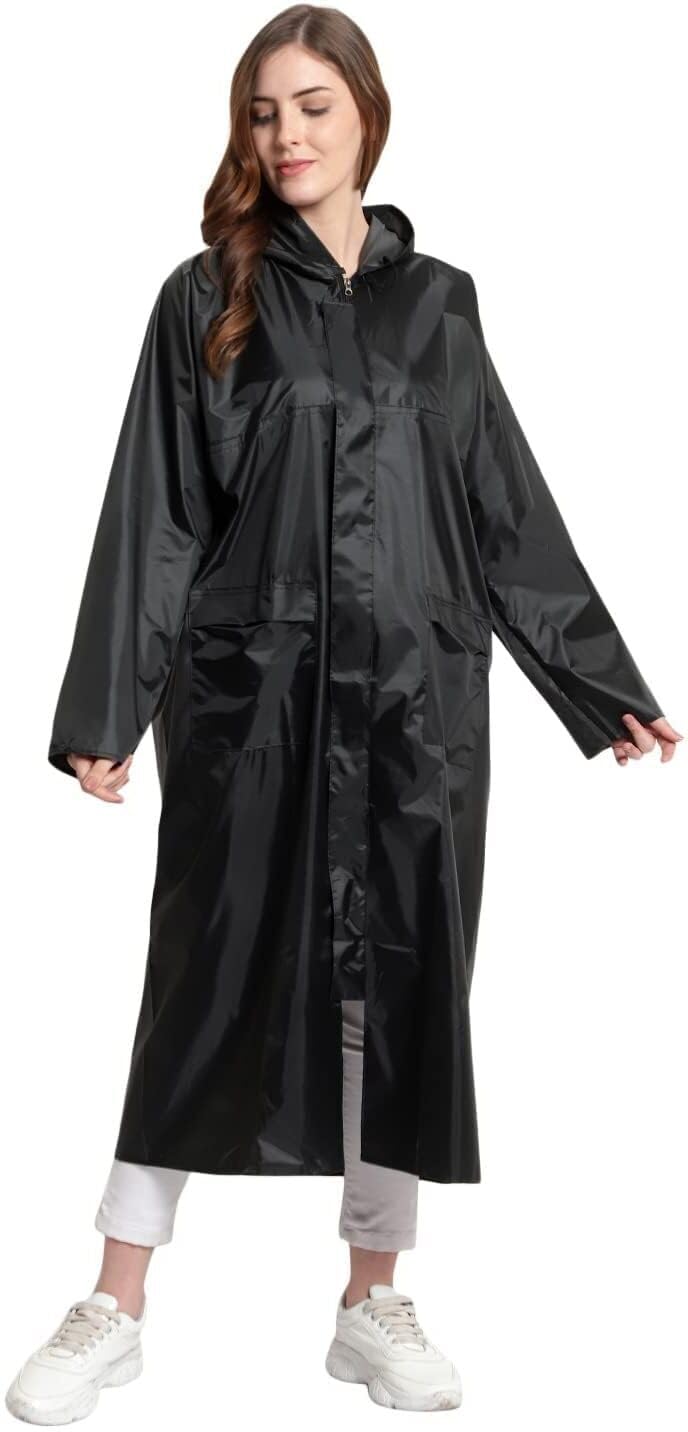 Casual Solid Women Raincoat (Hooded Ponchu Raincoat_Black_3XL)