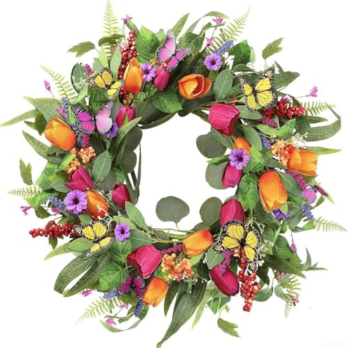 JGmotorfi Corona de primavera artificial de 22 pulgadas, corona realista hecha a mano, con mariposas de eucalipto para decoración durante todo el año, puertas delanteras, chimeneas