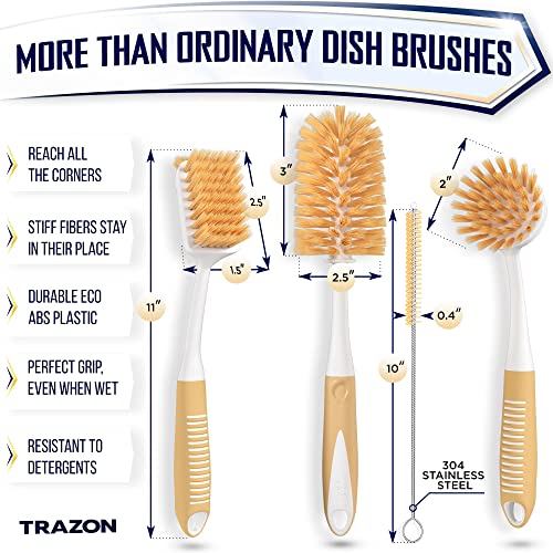 image for Trazon Dish Brush Set of 4 - Kitchen Scrub Brushes with Non-Slip Long 